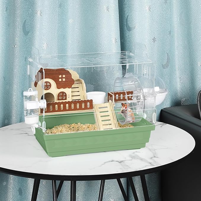 Hamster Cage Acrylic Hamster Habitat 360 Viewing Transparent Pet Rat Cage with Running Wheel & Hideout for Dwarf/Syrian Hamsters, Mice & Gerbils, Green, 13.3" L*10.2" W*12.4" H