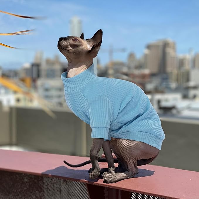 PUMYPOREITY Cat Clothes: Stretchy Shirt, Sweater with Sleeves, Soft Pullover Pajama for Sphynx, Devon Rex Cats - Blue, XS