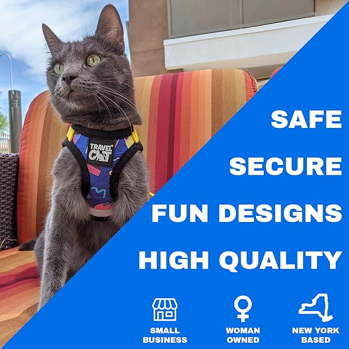 Travel Cat Harness and Leash Set - Adjustable Fit Harness and Reflective Strap - Comfort Walking Vest for Kitten for Outdoor Walking, Hiking (Medium, 90s Cat)