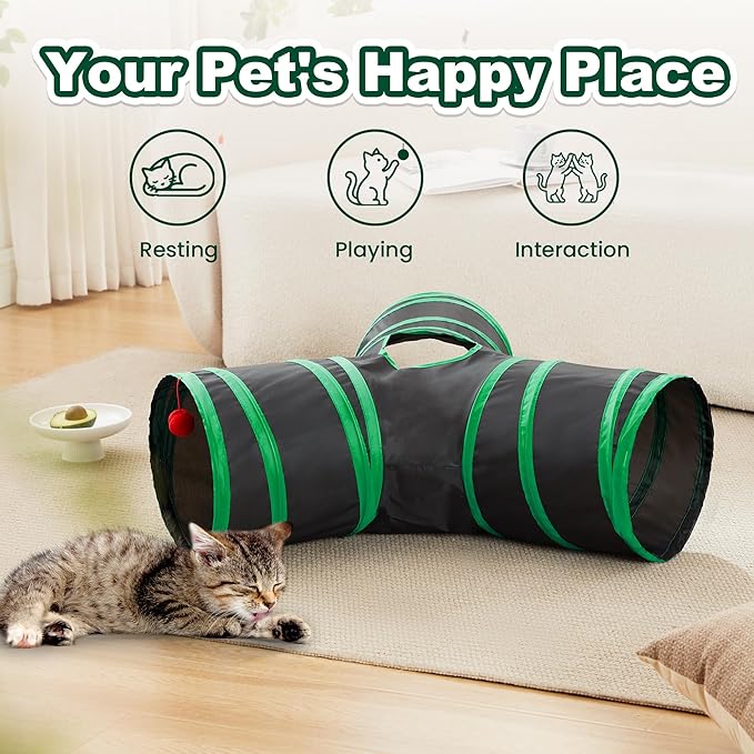 Love's cabin Cat Tunnels for Indoor Cats, Cat Tube Toys 3 Way Collapsible, Pet Play Tunnel with Peek Hole Toy Ball for Kitty, Kitten, Rabbit, Black&Green, Small Size (23.6"X13"X11")