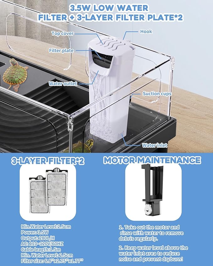 Small Turtle Tank Kit, Acrylic Turtle Tank Starter Kit with Basking Platform, Bottom Drainage, Multi-Function Areas for Turtles, Crabs, Crayfish, Small Reptiles. (Black+White)