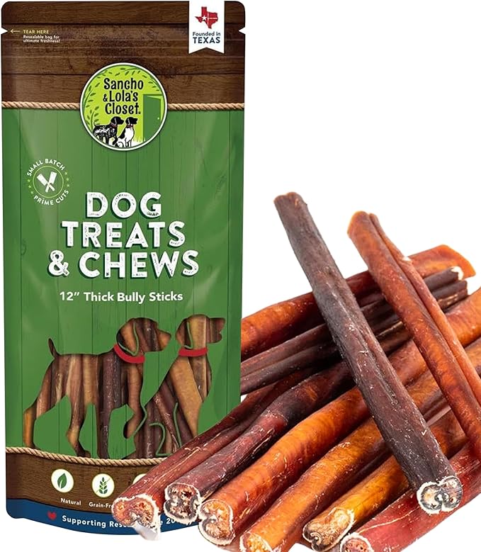 Supreme 12-inch Thick Bully Sticks by Sancho and Lola’s (5 Pack) All-Natural, Long-Lasting Dog Chew Treats - Free-Range, Grass-Fed Beef - Low Odor