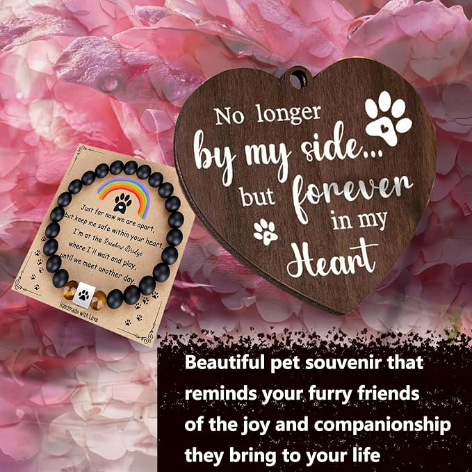 Dog Memorial Gifts for Loss of Dog Sets, 4x6”Rotating Wooden Photo Frame and 8MM Rainbow Bridge Bracelet for Beloved Cats and Dogs Pet Memorial Gifts for Dog Cat Dog Bereavement Gifts (Black)