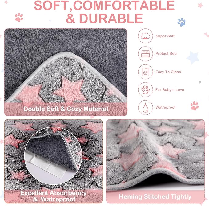 Reginary 4 Pcs Waterproof Guinea Pig Blankets Washable Small Animal Fleece Bedding Guinea Pig Cage Liners Reusable Training Pads Pet Pee Pad Sleep Mat for Hamster(Cute Star Pattern,28 x 56 Inch)