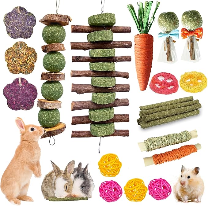 21 Pcs Rabbit Chew Toys for Teeth, Natural Bunny Toys Peach Wood Grass Timothy Sticks Chew and Treat for Guinea Pigs Hamster Chinchillas and Other Small Pets