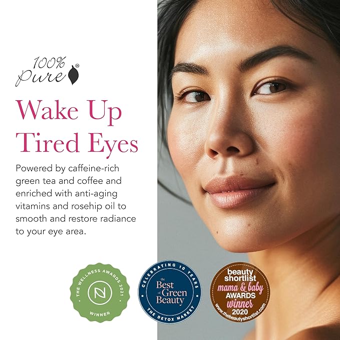 100% PURE Coffee Bean Caffeine Eye Cream Refresh & Hydrate Under Eye Treatment Reduce Puffiness, Dark Circles, Wrinkles with Green Tea, Rose Hip, Vitamin E - Youthful Vibrant Eyes - Vegan - 1 oz