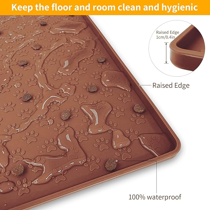 Ptlom Pet Placemat for Dog and Cat, Waterproof Silicone Pet Feeding Bowl Mats for Food and Water, Small Medium Large Dogs Mat Prevent Residues from Spilling to Floor, Brown, 31.5" 23.6"