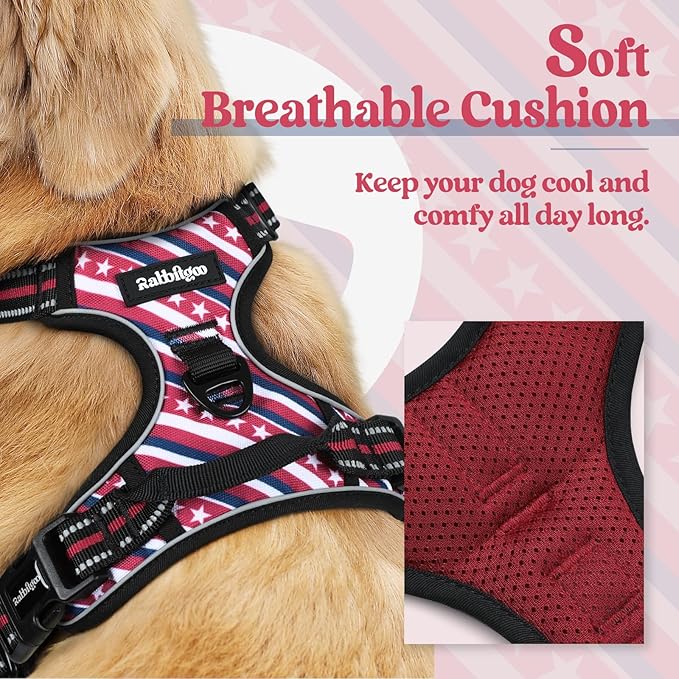 rabbitgoo Dog Harness No Pull with 2 Leash Clips, Adjustable Soft Padded, Reflective Oxford No Choke Pet Vest with Easy Control Handle for Large Dogs, Red Stripe, L