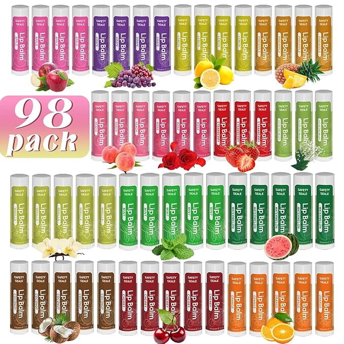 98 Pack Natural Lip Balm Bulk with Vitamin E and Coconut Oil - Moisturizing, Soothing, and Repairing Dry and Chapped Lips - 14 Flavors - Non-GMO, Valentine's Gifts