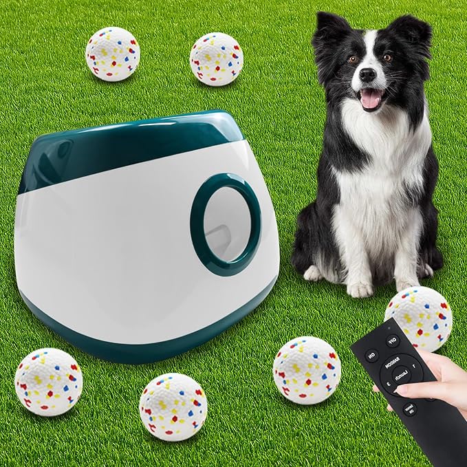 Automatic Dog Ball Launcher, Upgraded Interactive Dog Balls Thrower with 3 Distance 29Ft-79Ft, Remote Control Ball Launcher for Medium&Large Dogs, 6 Etpu Balls Included (Dark Green)