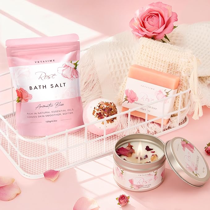 Gifts for Women, Birthday Gifts for Women, Bath and Body Gift Basket Mothers Day Gifts, Rose Home Spa Set Self Care Gift, Thank You for Mom Sister Her Teacher Friends Friendship