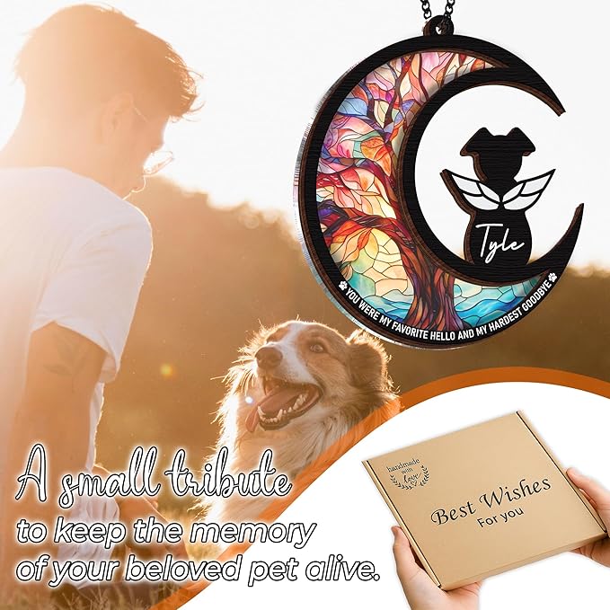 6" DIY Dog Angel Memorial Suncatcher, Engraved Pet Memorial Ornament, Pet Sympathy Keychain, Loss of Animal Sympathy Card, Rainbow Bridge Dog Loss Gift, My Favorite Hello Hardest Goodbye PS190