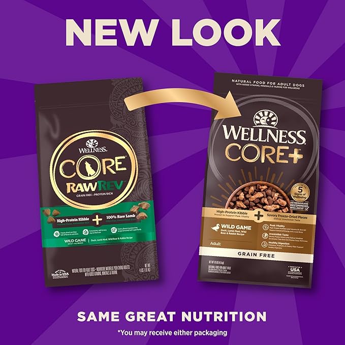 Wellness CORE+ Dry Dog Food with Freeze Dried Pieces, Grain Free, High Protein, Natural, Wild Game Duck, Lamb, Wild Boar, & Rabbit Recipe, (10-Pound Bag)