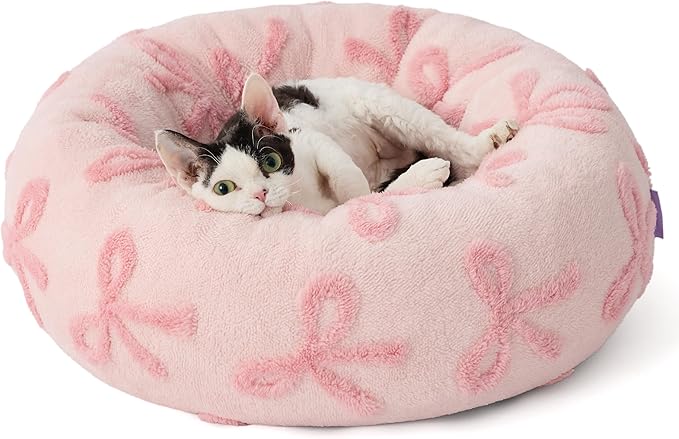 LE SURE Donut Cat Beds for Indoor Cats - Round Small Dog Bed Calming Christmas Bed Gift for Pets, Cute Modern Beds with Jacquard Shaggy Plush & Anti Slip Bottom, 20 Inch, Pink Taffy