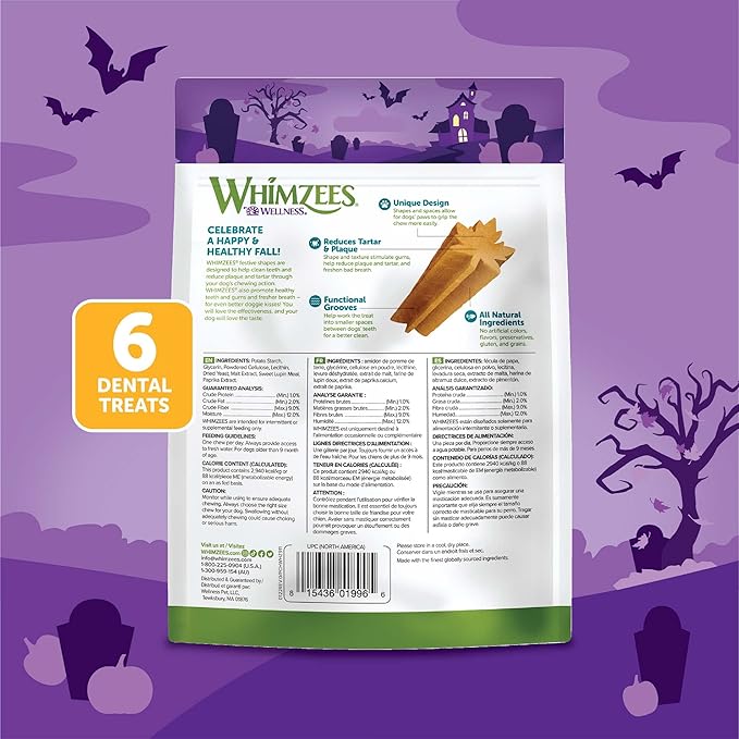 Whimzees Wellness Fall Dog Dental Treats, Autumn Natural Chews for Dogs, Medium Size Stick, (6 Count) (Pack of 6)