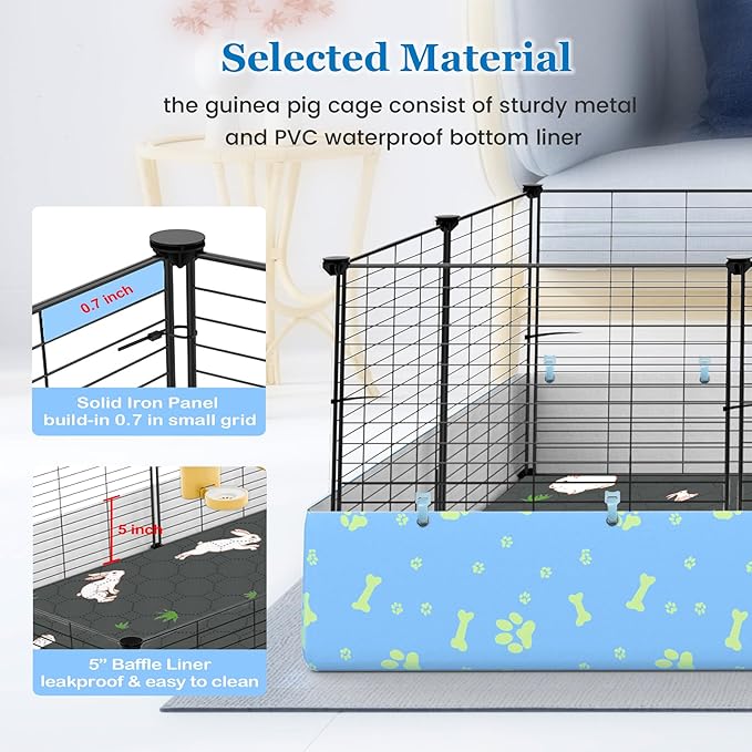 Guinea Pig Cages with Tarp and Reusable Bedding Pee Pad Liner, 24" x 48" Large Guinea Pig Playpen C&C Rabbit Bunny Cage Indoor for 2 Small Animal
