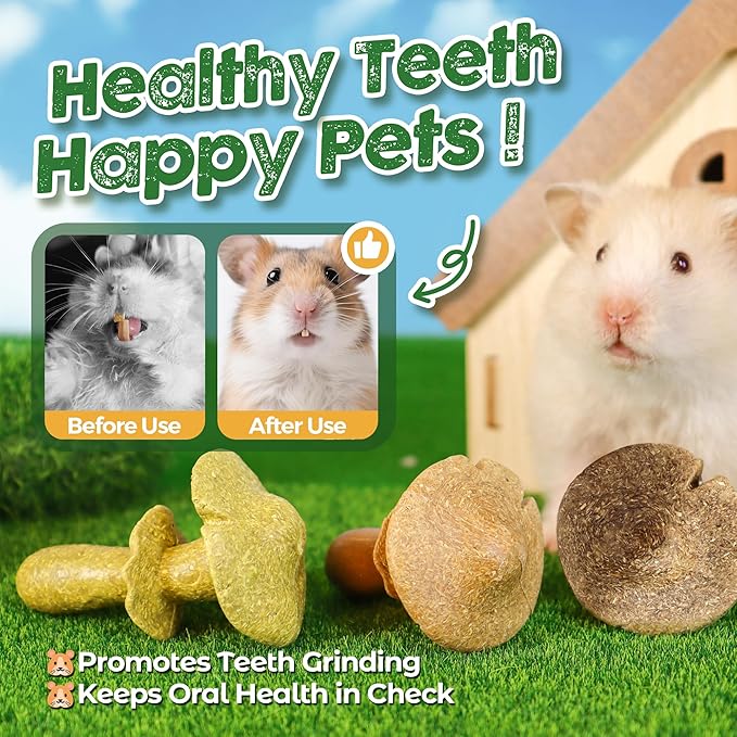 TEEWY 3PCS Guinea Pig Chew Toys, Prevent Teeth Overgrowth, Natural Timothy Grass & Vegetables, Hamster Chew Toys, Guinea Pig Toys, Chinchilla Toys, Mushroom-Shaped