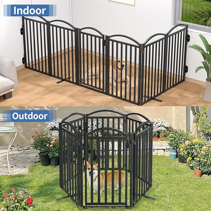 Malier Metal Freestanding Dog Gates with Door, 36'' Height Outdoor Indoor Dog Fences, Extra Wide Foldable Puppy Gate for Stairs (Black, 【6 Panels with Door】 120''W × 36''H)