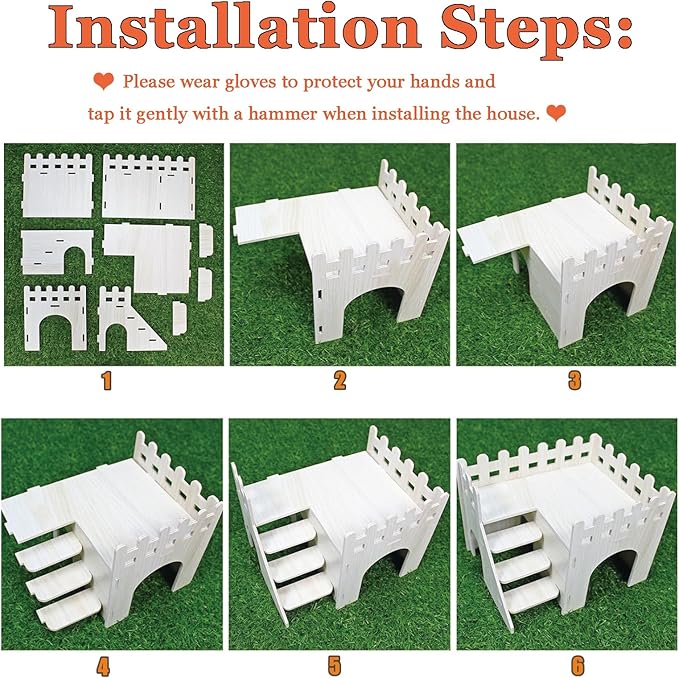 Amonk Hamster Hideout 10x8x7 inch Large Size Wooden House Wood Hut Habitats Decor with Climbing Ladder for Bunny, Chinchillas, Dwarf Rabbits, and Other Small Pet Animals