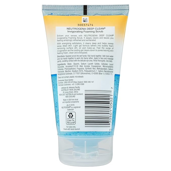 Neutrogena Deep Clean Invigorating Foaming Facial Scrub | Cooling Gel | With Glycerin | Removes Dirt & Oil | 4.2 fl. oz Pack of 2