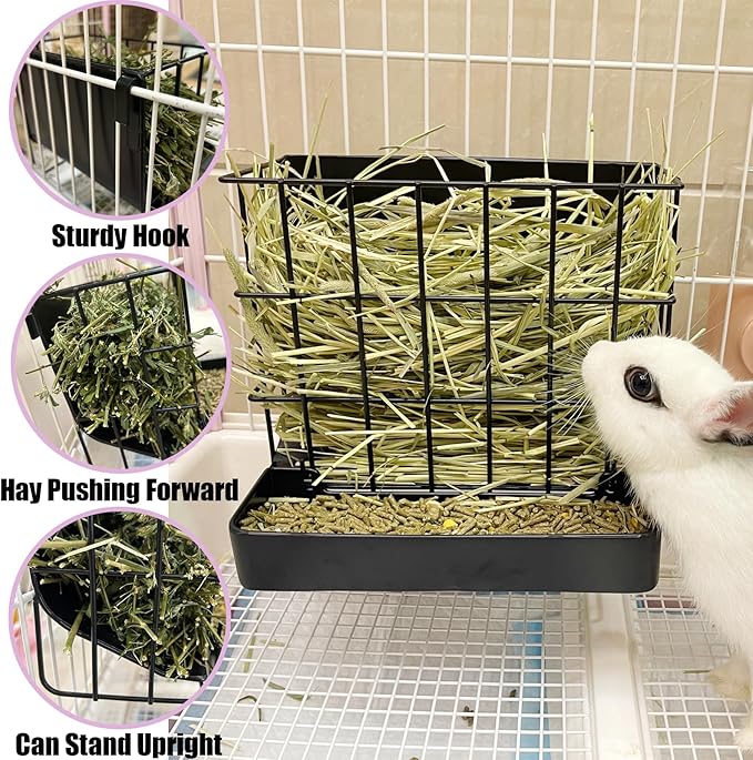 Rabbit Hay Feeder Guinea Pig Hay Holder with Hook Heavy-Duty Metal,Internal Sloping Design，Hay Feeder for Bunny,Rabbit，Chinchillas,Comes with Two Multifunctional Zippers