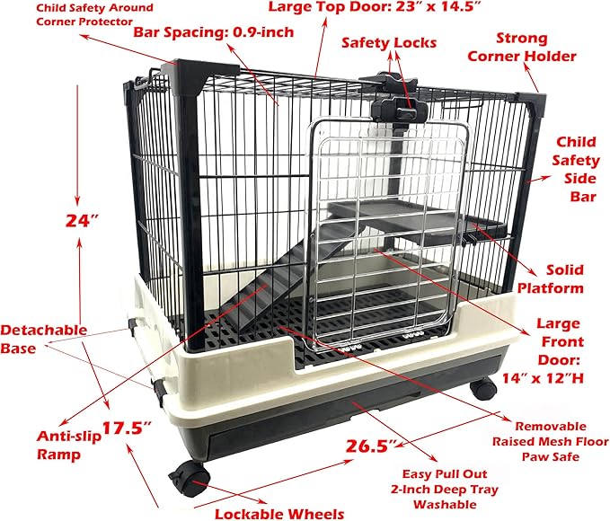 Pink Large Deluxe Indoor Outdoor Guinea Pig Chinchilla Ferret Squirrel Hedgehog Kitten Rabbit Bunny Hutch House Critter Habitat Easy Pull Out Clean 2-Inch Deep Tray with Rolling Casters