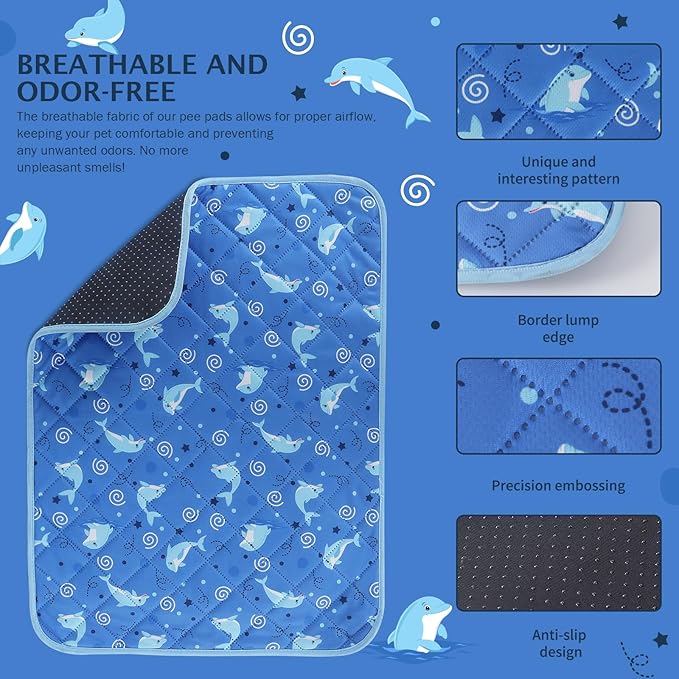 IEUUMLER Washable Pee Pads for Dogs, 2 Pack Non-Slip & Waterproof Pack Whelping Pad, Reusable Washable Puppy Potty Training Pad with Fast Absorbent for Playpen EU007 (Dolphin, 30"X20"-2pcs)