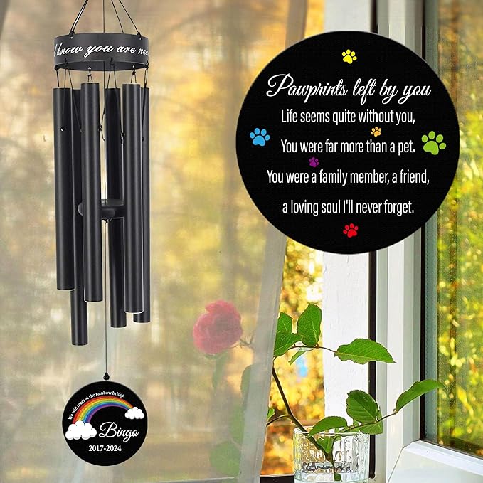Personalized Memorial Pet Wind Chimes for Loss of Dog/Cat, Customized Memorial Gifts for Loss of Pets, Sympathy Wind Chimes in Memory of Dogs, Deep Tone Windchime Bereavement