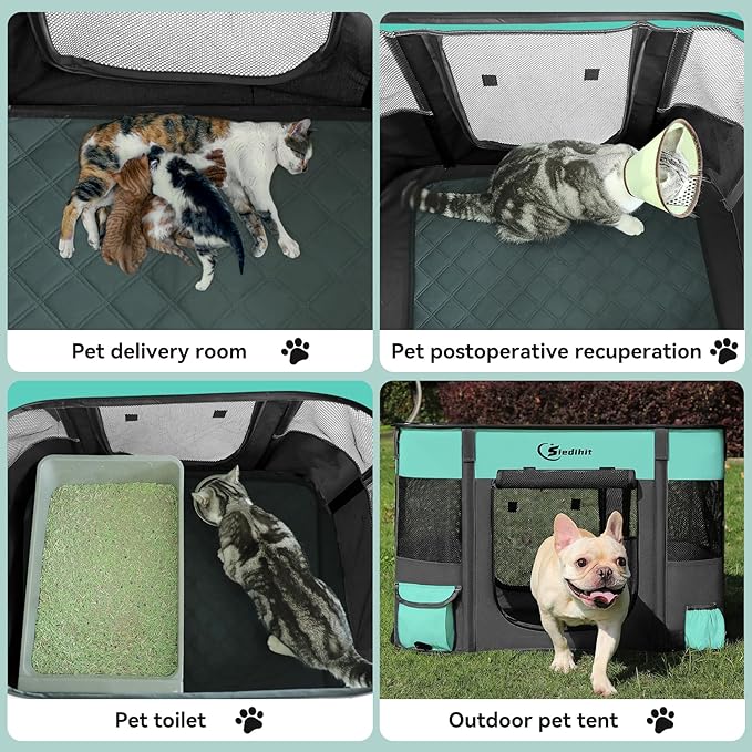 Dog Cat Playpen, Pet Puppy Portable Playpens for Outdoor Travel Crate, Indoor After Surgery Use, Foldable Dog Kennel Tent for Rabbit or Small Animals and Tent Stakes (Green, Small)