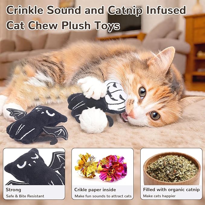 Retro Shaw 4Pcs Cat Toys, Crinkly Catnip Toys for Indoor Cats Kitty Chew, Safe Teeth Cleaning Kitten Toy, Interactive Cat Nip Kicker Toy, 3.7 Inches