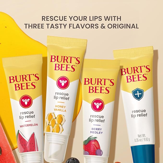 Burt's Bees Rescue Lip Relief for Valentine's Day, Original, Hydrating Lip Balm for dry lips with Responsbily Sourced Beeswax & Shea Butter, 100% Natural Origin, 3 Squeezy Tubes, 0.35oz, (Pack of 2)