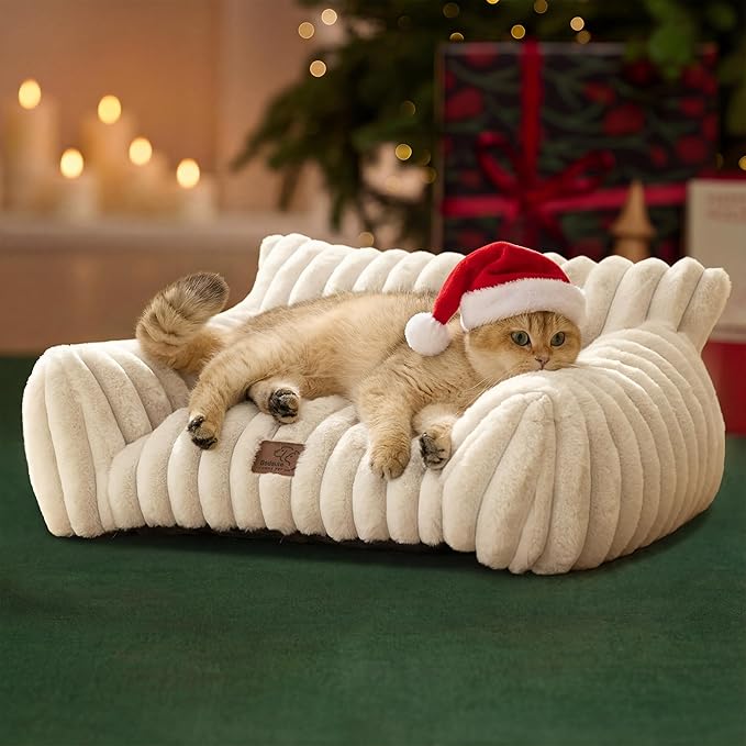 Bedsure Cute Cat Couch for Pets - Fluffy Cat beds with Premium Soft Corduroy Fleece, Fuzzy Cats beds for Indoor Cats with Removable Washable Cover, Supportive Pet Sofa, 24inch, Cream