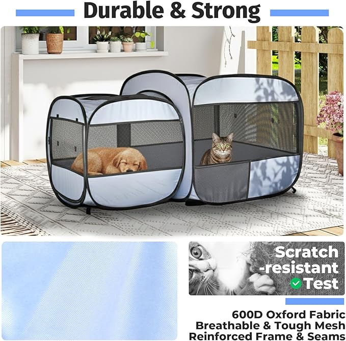 Pop up Portable Cat Playpen 2-in-1 Dog Playpen, No Assembly Need, Pet Cat Dog Tent Crates Kennel Cage, Cats Enclosure for Kitten and Puppy Indoor Outdoor Use(No Divider, Unified Space)