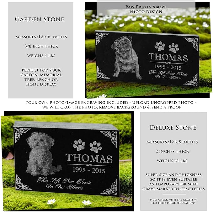 You Left Paw Prints on Our Hearts Pet Memorial Stones Personalized Headstone Grave Marker Absolute Black Granite Garden Plaque Engraved with Dog Cat Name Dates
