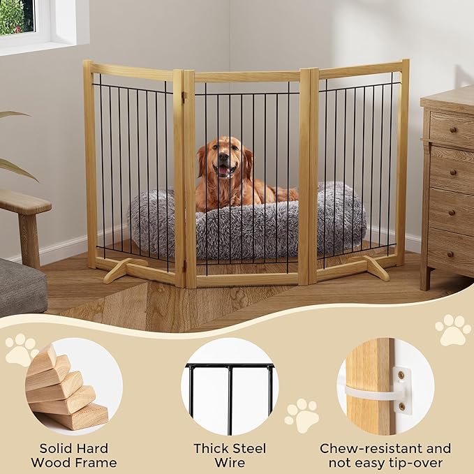 Wire Dog Gate Solid Wood Frame, Anti-Chewing, 3-Panel, 36" Height, 60" Width, Indoor Freestanding Pet Gate Foldable Wooden Dog Fences for Stairs, House, Doorway, Oak Color