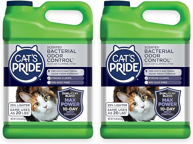 Cat's Pride Max Power: Bacterial Odor Control - Up to 10 Days of Powerful Odor Control - Strong Clumping - 99% Dust Free - Multi-Cat Litter, Scented, 15 Pounds (Pack of 2)