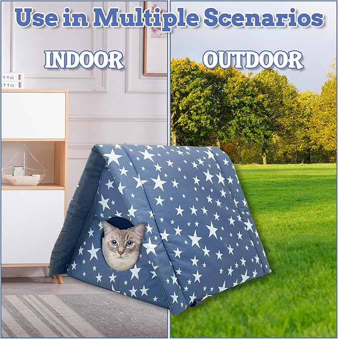 Fhiny Stray Cats Shelter, Waterproof Outdoor Cat House Foldable Warm Pet Cave for Winter Wild Animal Tent Bed Anti-Slip Kitten Cave for Feral Cat Dog Puppy Weatherproof (S, Blue)