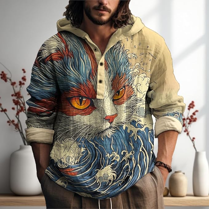 MARSVOVO Japanese Art Animal Hooded Shirt for Men Long Sleeve Quarter Button Lightweight Hoodie Cool Streetwear Tops