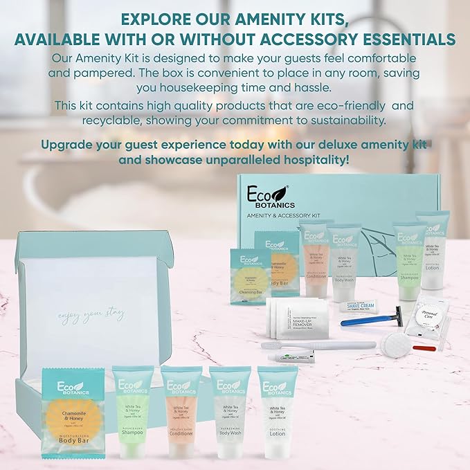 Eco Botanics Amenity Kit | Hotel Bulk Toiletries | 0.85 oz Shampoo, Conditioner, Lotion, Body Wash, Body Bar Soap for Guest Hospitality Vacation Rentals| 1 Set/Case