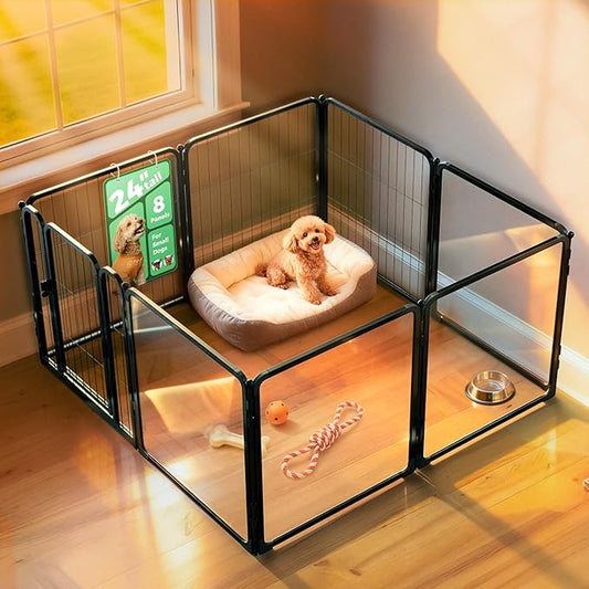 FXW Acrylic & Wire Mesh Indoor Dog Playpen, Heavy Duty 24 Inch 8 Panels Metal Dog Pen for Puppy and Small Dogs, Black│Patented