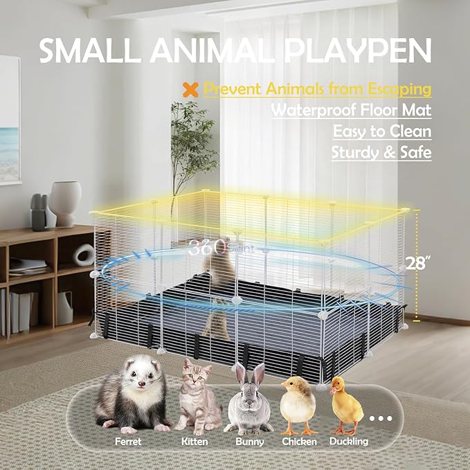 MEEXPAWS Guinea Pig Rabbit Cages Small Animal Playpen with Waterproof PVC Liner and Washable Pee Pad, C&C Cage for Guinea Pigs,Bunny,Kitten, Hedgehog,Hamsters,Ferret Indoor Enclosure Wire Yard Playpen