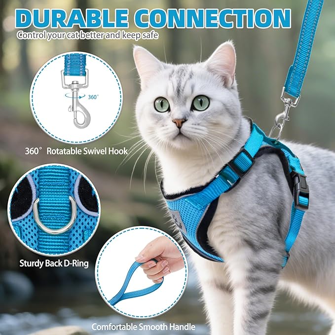 PUPTECK Cat Harness and Leash Set Escape Proof Reflective Cat Walking Harness Adjustable Soft Breathable Mesh Vest for Small Pets, Blue, M