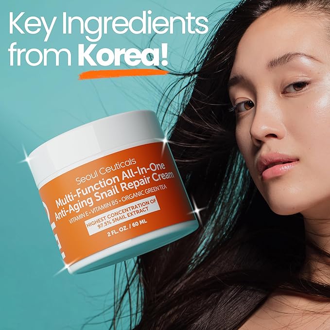 SeoulCeuticals Snail Mucin Moisturizer 97.5% - Korean Skin Care Snail Repair Cream - Day & Night Anti Aging K Beauty Skincare Cruelty Free 2oz (Pack of 2)
