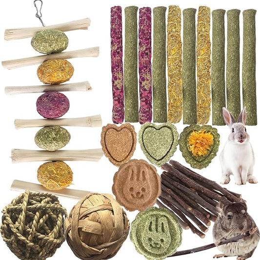 28PCS Bunny Chew Toys for Teeth, Natural Rabbit hamstersToys Apple Wood Grass Timothy Sticks Chew and Treat for Guinea Pigs Chinchillas