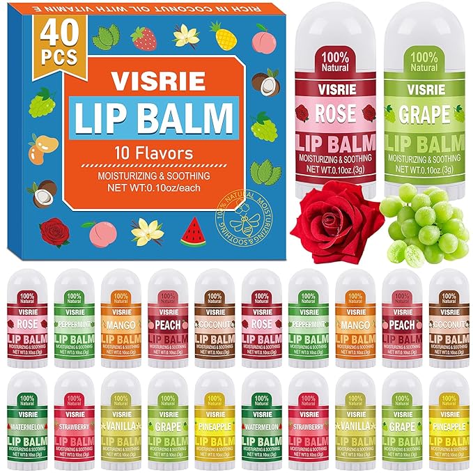 40 Pack Mini Lip Balm Bulk, Natural Lip Balm with Vitamin E & Beeswax, Moisturizing Lip Care for Dry Lips, Perfect for Party Favors, Care Packages & Small Gifts