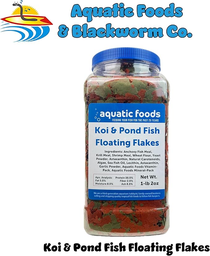 Aquatic Foods Inc. Koi & Pond Fish Krill Flakes. Arctic Krill Flakes with Natural Carotenoids Color Enhancers to Enhance The Vibrant Colors of Fish Also Pellet Mix, Wafer Mix Included…1-lb 2oz