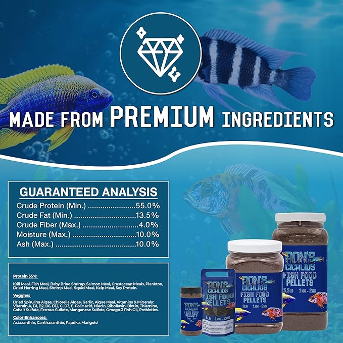 RON'S CICHLIDS Juvie Blend African Cichlid Fish Food, Premium Tropical Fish Food Pellets with Protein, Veggies & Fruits for Healthier, Brighter & Bigger Tropical Fish & Cleaner Tanks, 5.5 LB