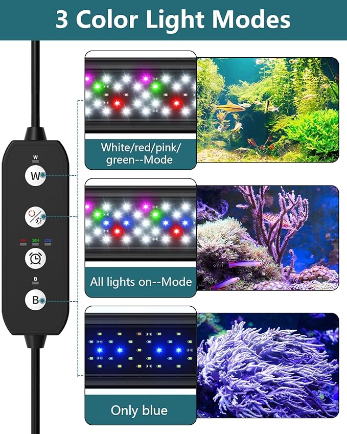 SEAOURA Led Aquarium Light for Plants-Full Spectrum Fish Tank Light with Timer Auto On/Off, 24-30 Inch, Adjustable Brightness, White Blue Red Green Pink LEDs with Extendable Brackets for Freshwater