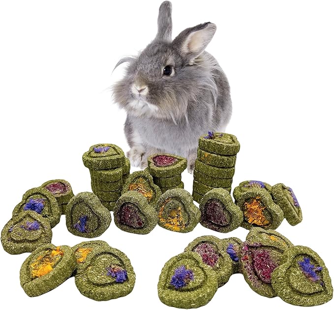 36Pcs Bunny Chew Toys,Natural Timothy Hay Handmade Grass Cakes Molar Treats for Bunny Chinchilla Guinea Pig Dwarf Rabbit Improves Teeth Health