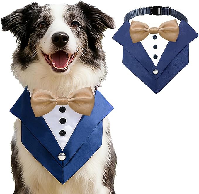 AVERYDAY Dog Tuxedo Wedding Outfit Bandana Collar with Bow Tie, Dog Tux Costume Suit with Bowtie for Small Medium Large Dogs & Cats, Pet Tuxedo Formal Wear for Engagement Birthday, Holiday, Christmas
